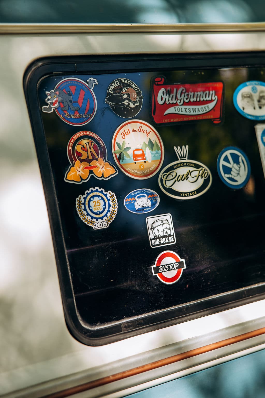 Vintage Volkswagen stickers on a T4 window